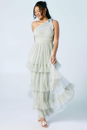 Oasis Womens A-Line Maxi Dress Red One Shoulder Long Mesh - Green - Size 12 UK