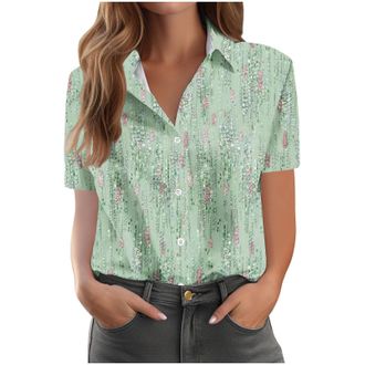 Generic Shirts for Women UK Vintage Floral Print Shirts Causal Turn-Down Collar Short Sleeve Blouse Button Down T-Shirt Loose Fit Comforty Shirt Office Classi