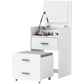 HOMCOM Tavolo Trucco In Mdf Con Specchio Ribaltabile, Cassetti E Sgabello Bianco - Homcom