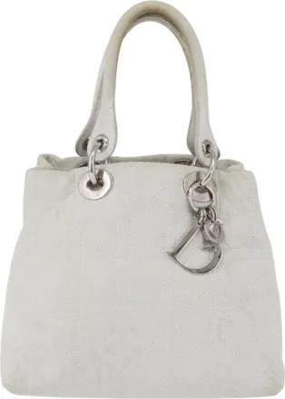 Dior Lady Dior Cannage Quilt Calfskin White Leather Handbag (Pre-Owned)