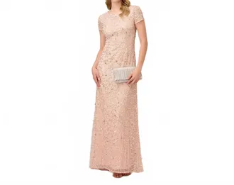 Adrianna Papell Jewel Neck Floor-Length Sequin Formal Sheath Gown In Blush
