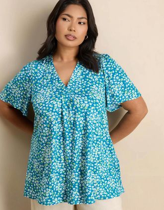 Live Unlimited London Womens Blue Ditsy Print V-Neck Flutter Sleeve Jersey Top - Size: 20