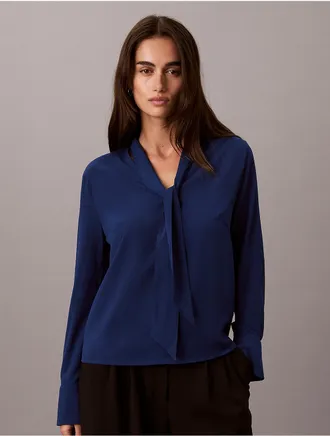 Calvin Klein Womens Scarf Neck Long Sleeve Top - Blue - XL
