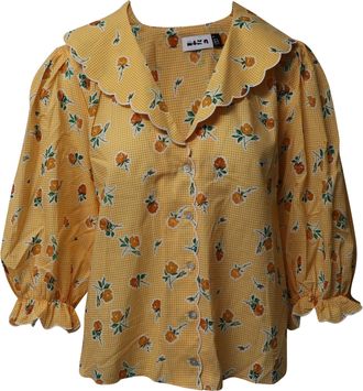 Rixo Gingham Collared Blouse with Puff Sleeves in Yellow Cotton