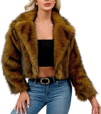 Generic Womens Short Faux Fur Coat Winter Long Sleeve Lapel Jackets Ladies Cropped Warm Open Front Cardigans Plush Thick Casual Outerwear Fluffy Comfy Elegant