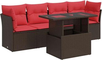 vidaXL 5 Piece Garden Sofa Set with Cushions Brown Poly Rattan Acacia Vidaxl