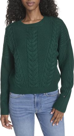 Tommy Hilfiger Womens Solid Cable Crewneck Bobbi Pullover Sweater, Forest, Small