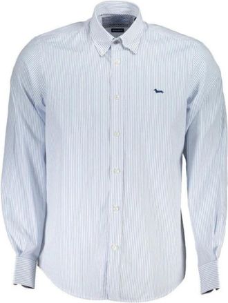 Harmont & Blaine Camicia 2 tessuti in cotone Botton Down fondo bianco con riga - Heren - Casual Overhemden - Blauw - 2XL - Katoen - Overhemden
