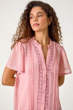 Roman Textured Spot Lace Trim Blouse