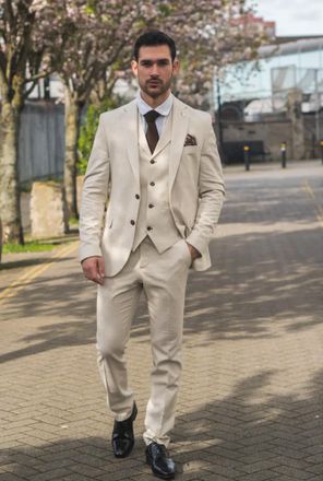 TruClothing Mens Beige 3 Piece Linen Formal Summer Wedding Suit Cotton - Size 48 (Chest)