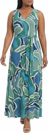 London Times Sleeveless Asymmetric Maxi Dress in Green/Blue at Nordstrom Rack, Size 18W