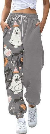 Generic Womens Halloween Sweatpants Funny Fresh Pumpkin Printed Loose Holiday Trousers with Pockets High Waisted Gym Athletic Joggers Pants (B04-Light Gray, S