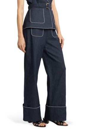 Cinq &agrave; Sept Dorot Twisted Trim Wide Leg Jeans in Indigo at Nordstrom, Size 10