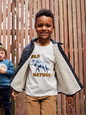Vertbaudet Jungen Shirt mit Wolf-Motiv wollwei&szlig;