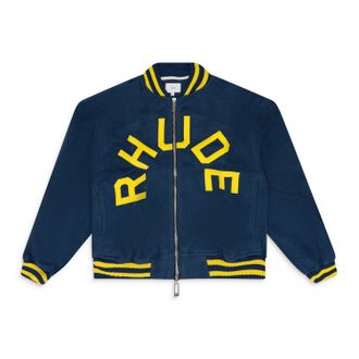 Rhude NAVY OVERSIZED LOGO TERRY VARSITY JACKET