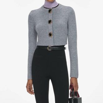 Self Portrait Cropped Knit Wool Cardigan In Grey