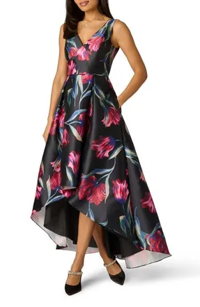 Adrianna Papell Floral Print Mikado High/Low Gown in Black Multi at Nordstrom, Size 16
