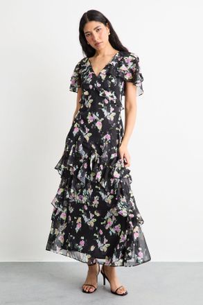 Warehouse Womens Flutter Sleeve Floral Print Frill Detail Maxi Dress - Black - Size 10 UK