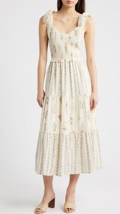 Moon River Floral Picot Trim Smocked Bodice Sundress in Ivory/Pink Multi at Nordstrom, Size X-Large