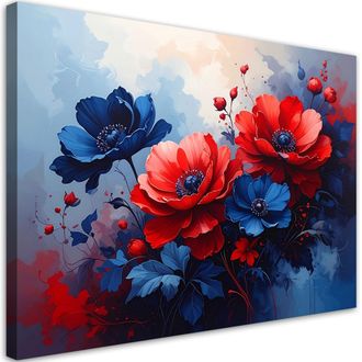 Feeby Cuadro Sobre Lienzo Flores Rojas Y Azules Plantas 100x70