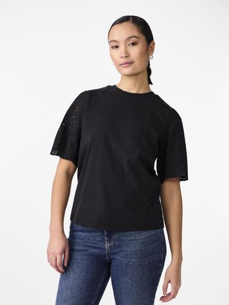 Y.A.S Kurzarmshirt Y.A.S YASLEX SS TOP W. EMB SLEEVES S. NOOS, Damen, Gr. XS (34), schwarz, Jersey, Obermaterial: 100% Baumwolle, unifarben, normal normal, 