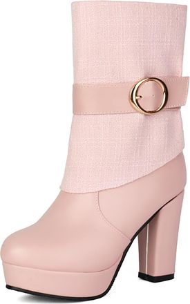 Generic Womens Ankle Boots Tweed PU Round Toe Metal Buckle Platform Chunky Heel Comfortable Non Slip Wear Resistant Daily Commute Casual Outings Date Nights S