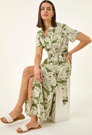 Roman Leaf Print Belted Shirt Dress