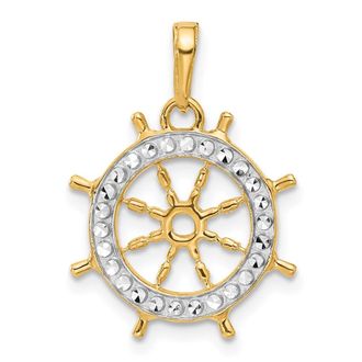 Diamond2Deal 14k Yellow Gold White Rhodium Diamond-Cut Ships Wheel Pendant