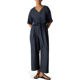 Eileen Fisher Wide Leg Organic Cotton Twill Jumpsuit in Denim at Nordstrom, Size Large