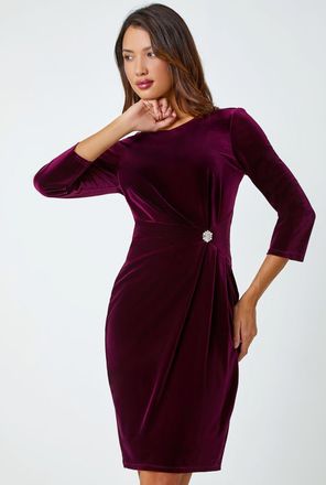 Roman Velvet Side Twist Embellished Shift Dress