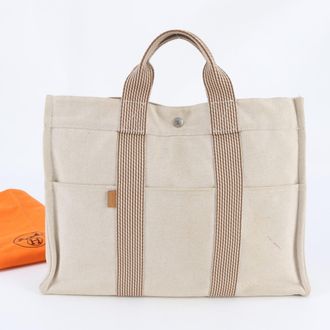 Herm&egrave;s Beige Leather Canvas Shoulder Bag Tote Bag (Pre-Owned)