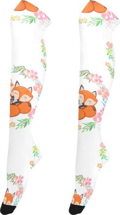 Generic Cute Cartoon Foxes Floral White over Knee Stocking Socks Thigh High Stockings Women Personalized Extra Long, Cute Cartoon Foxes Floral White, Medium
