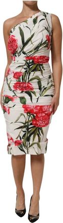 Dolce & Gabbana Gebloemde Sheath Jurk met &Eacute;&eacute;n Schouder - Dames - Casual kleedjes - Wit - S - Katoen - Kleedjes