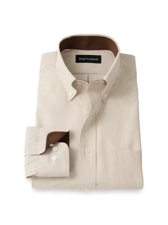 Paul Fredrick Slim Fit Non-iron Cotton Stripe Dress Shirt With Contrast Trim