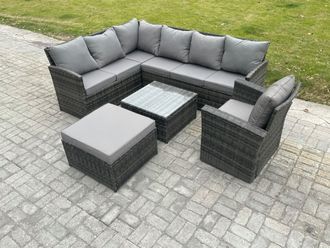 Fimous 8 Seater Outdoor Garden Furniture Set Wicker PE Rattan Corner Sofa Set with Square Coffee Table Big Footstool Armchair in Dark Grey