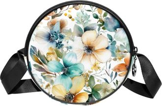 Generic Circle Crossbody Bag for Women, Floral Leaves Small Sling Bag Daypack with Zipper Adjustable Shoulder Straps Casual Ladies Girls Round Purse