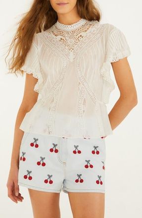 Farm Rio Organic Cotton Lace Inset Mock Neck Top in Off-White at Nordstrom, Size Xx-Small