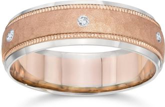 Pompeii3 Mens Diamond 14K Rose & White Gold Hammered Two Tone Wedding Band Size Selectable