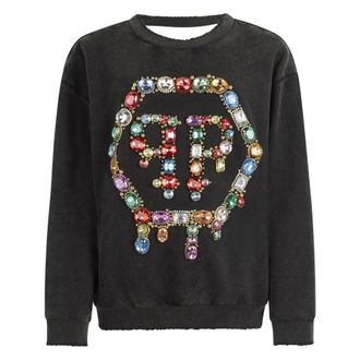 Philipp Plein Open Back Sweatshirt Hexagon Stones - Dames - Sweatshirts - Zwart - S - Katoen - Hoodies & sweatvesten