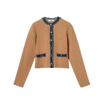 Twinset Truien & Vesten, Dames, Beige, S, Denim, Fitted Cardigan with Denim Trim