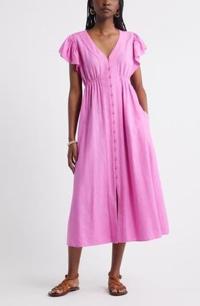 Treasure & Bond Short Sleeve Button Down Linen Blend Midi Dress in Pink Surprise at Nordstrom Rack, Size Large