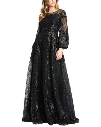 Mac Duggal Encrusted Illusion Long Sleeve A Line Gown
