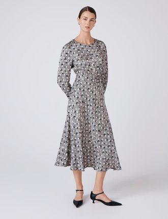 Ghost London Sophia Floral Satin Midi Belted Dress in Black Daisy at Nordstrom, Size 12