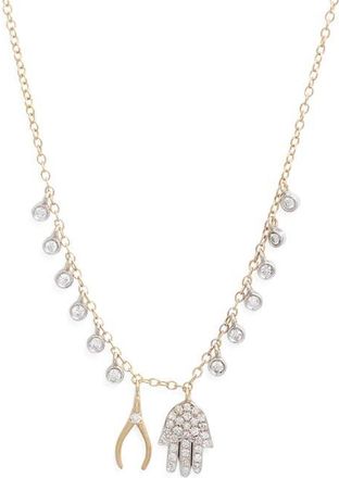 Meira T Wishbone Hamsa Charm Necklace in Yellow at Nordstrom, Size 18