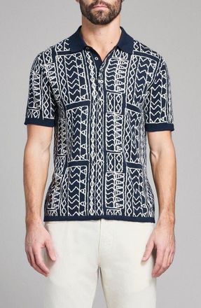 Billy Reid Geo Stitch Cotton Sweater Polo in Carbon Blue/Tinted White at Nordstrom, Size X-Large