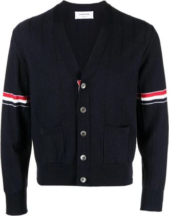 Thom Browne Blauwe RWB Stripe V-hals Vest - Heren - Vesten - Blauw - XL - Wol - Truien & Vesten