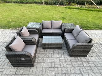 Fimous Rattan Garden Furniture Set Patio Outdoor Lounge Sofa Set with 2 Reclining Chairs Rectangular Coffee Table 2 Side Tables in Dark Grey