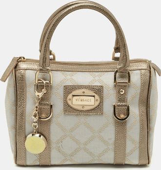 Versace Grey/metallic Beige Jacquard Canvas And Leather Satchel
