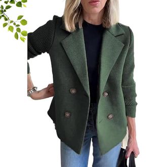 Generic Womens Lapel Button Knitted Patchwork Sleeve Casual Coat, 2025 Fashion Cropped Double Breasted Blazer Sweater for Women (D,Large)