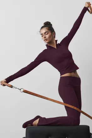 Alo Softsculpt Precision 1/4 Zip Long Sleeve Top in Rich Bordeaux, Size: Medium